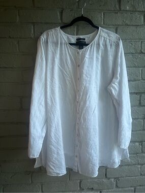 Tahari White Long-Sleeve Button-Down Linen Shirt EUC Sz 2X